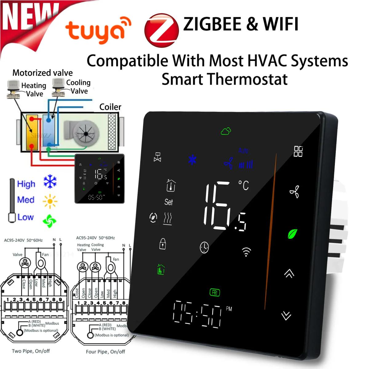 Цифровой термостат для HVAC Tuya ZigBee с цифровым дисплеем, 3-ступенчатый нагрев и охлаждение для управления кондиционером, совместим с Alexa, Google Home и Yandex.