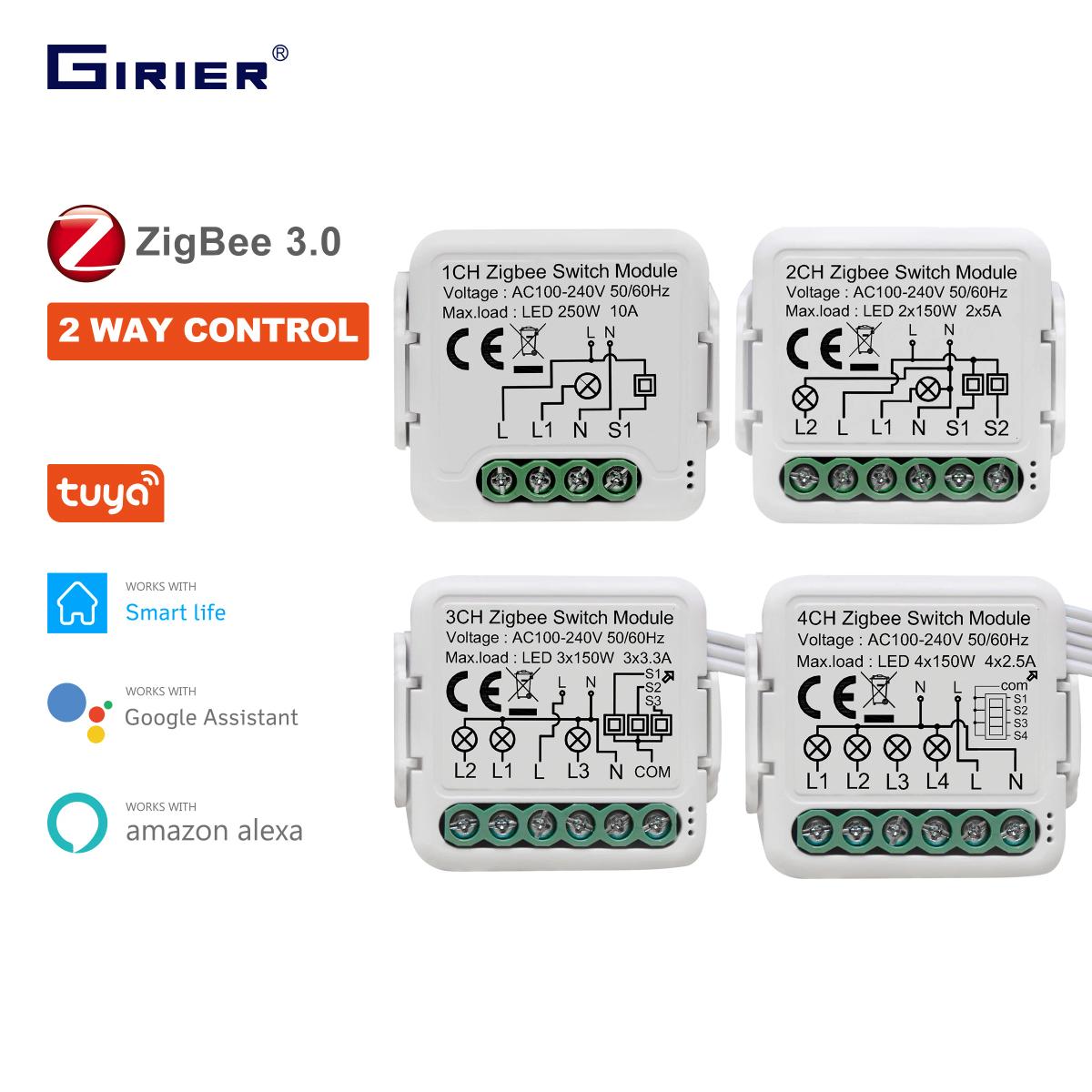 Модуль переключателя GIRIER Tuya ZigBee 3.0 10A Умный дом DIY выключатель 1 2 3 4 группы поддерживает 2-стороннее управление работает с Alexa Google Home