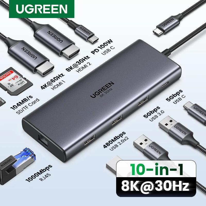 Ugreen Dual HDMI USB Hub 8K HDMI Адаптер 10 в 1 сплиттер с RJ45 USB 3.0 PD 100W Dock для MacBook Pro Air M2 M1 USB C Hub