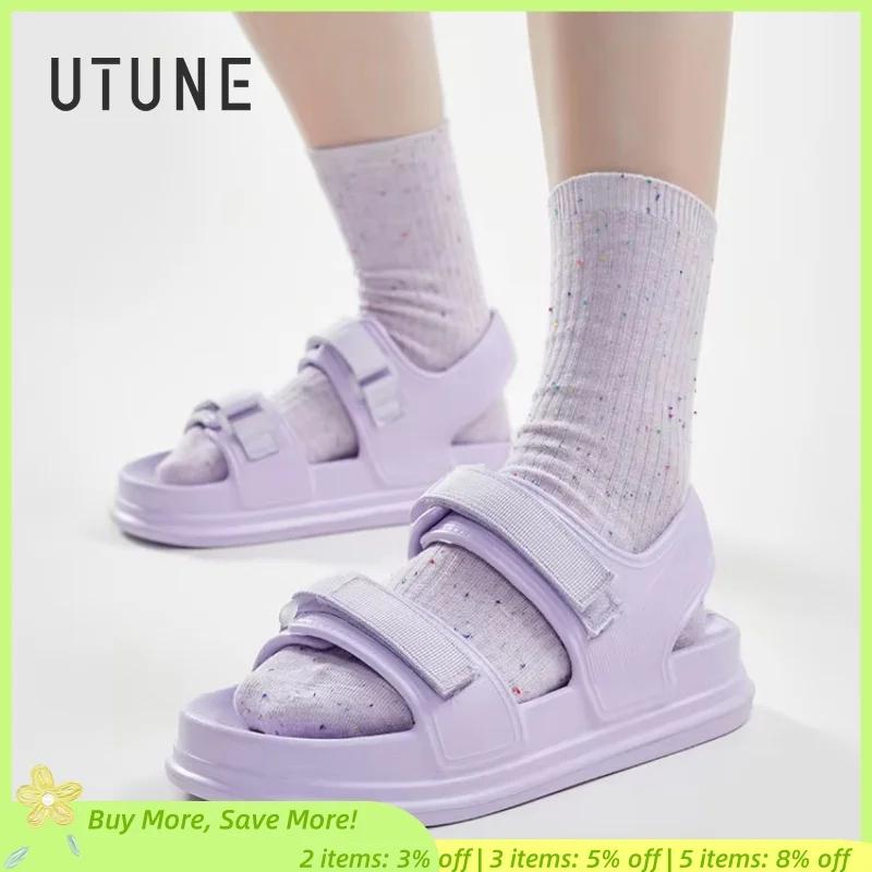 UTUNE модные женские сандалии с нашивками, летние удобные туфли на платформе, пляжные уличные фиолетовые шлепанцы, нескользящие тапочки на толстой подошве