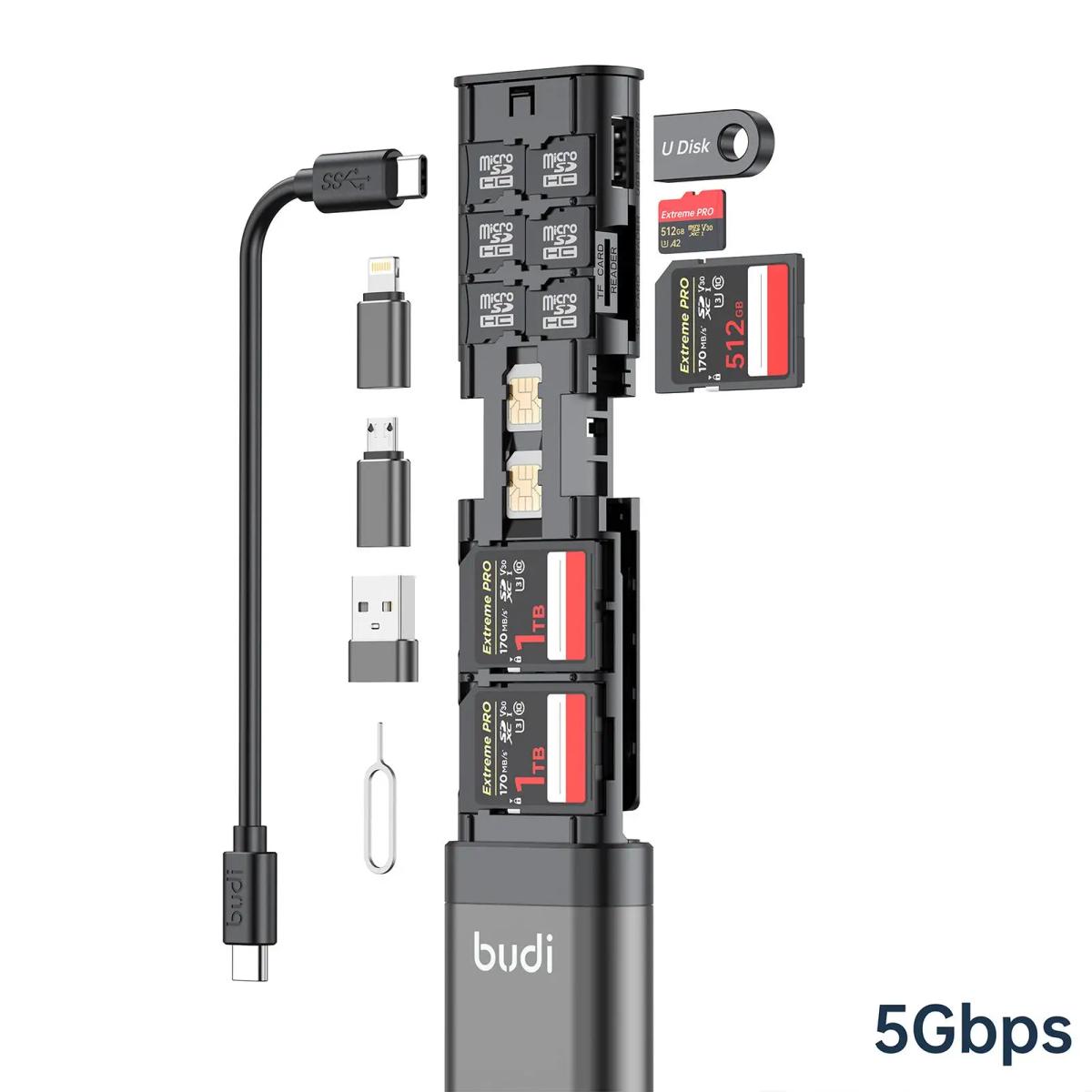 Многофункциональная коробка BUDI 9 в 1, USB 3,0, для передачи данных, 65 Вт, кабель для быстрой зарядки, коробка для хранения SD TF карт для IPhone