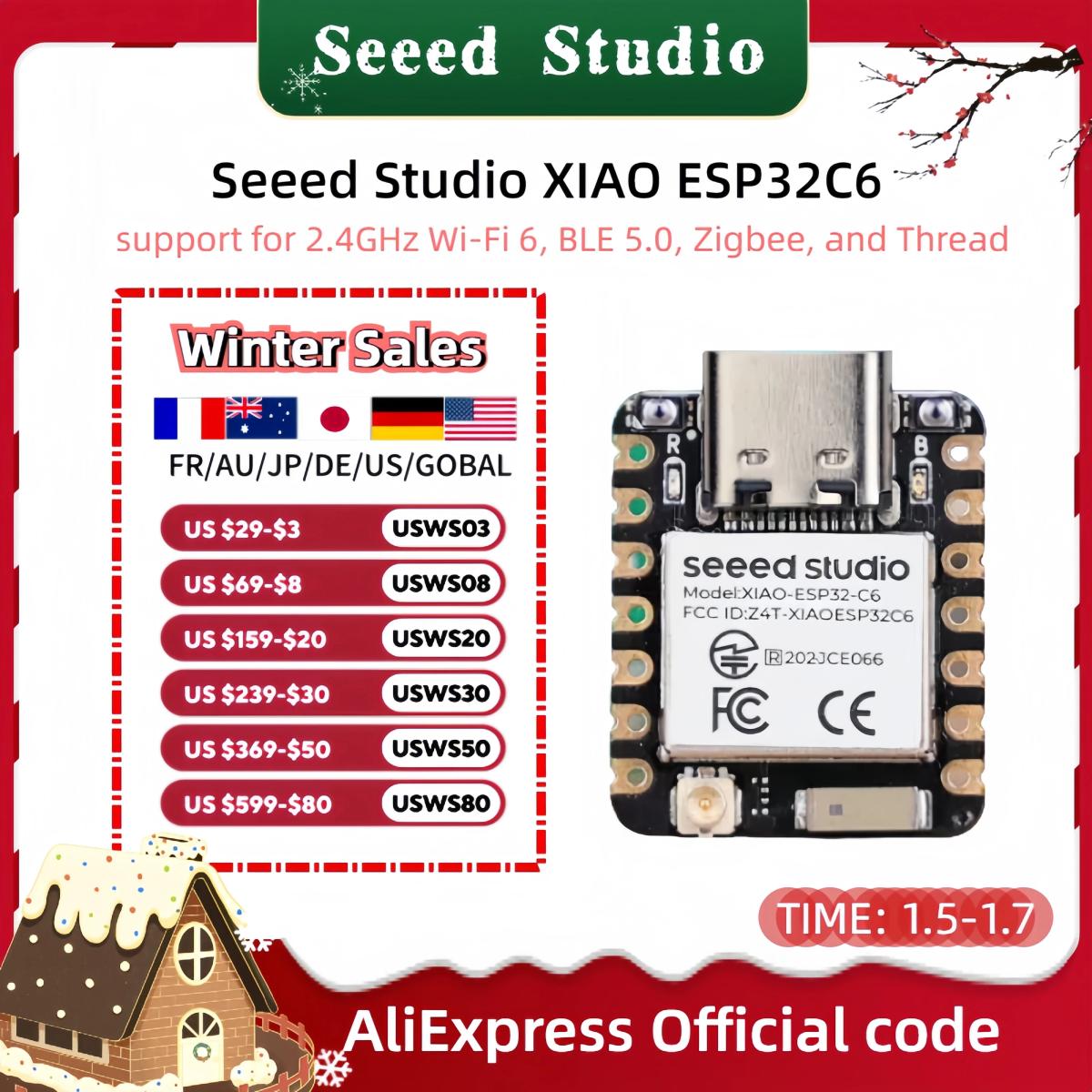 Мини-плата разработки ESP32C6 XIAO esp32 c6-2,4 ГГц WiFi6,BlE5.3,Zigbee Thread (802.15.4) ESP Rain Maker, AU IoT, Microsoft Azure