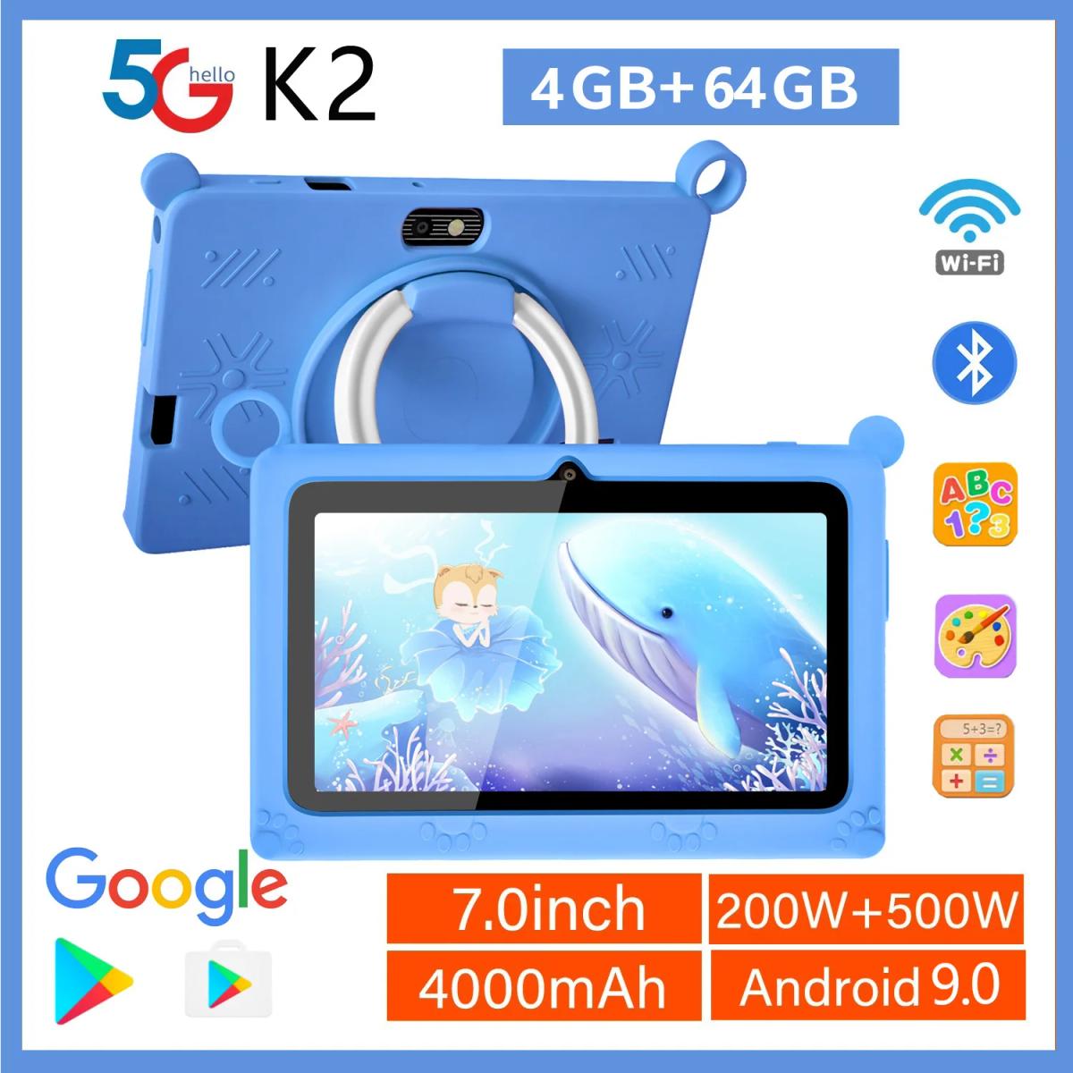 Детский планшет BDF K2, 7 дюймов, 4 ядра, 4 + 64 ГБ, Android 9,0, Wi-Fi, Bluetooth